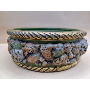 1969 Hallmark Vintage Pinecone Autumn Leaves Green Gold Ceramic Candle Holder